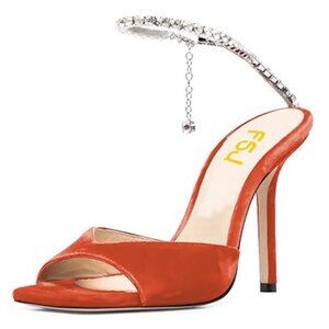 FSJ Orange Crystal Chain Ankle Straps Heeled Sandals Square Open Toe shoes